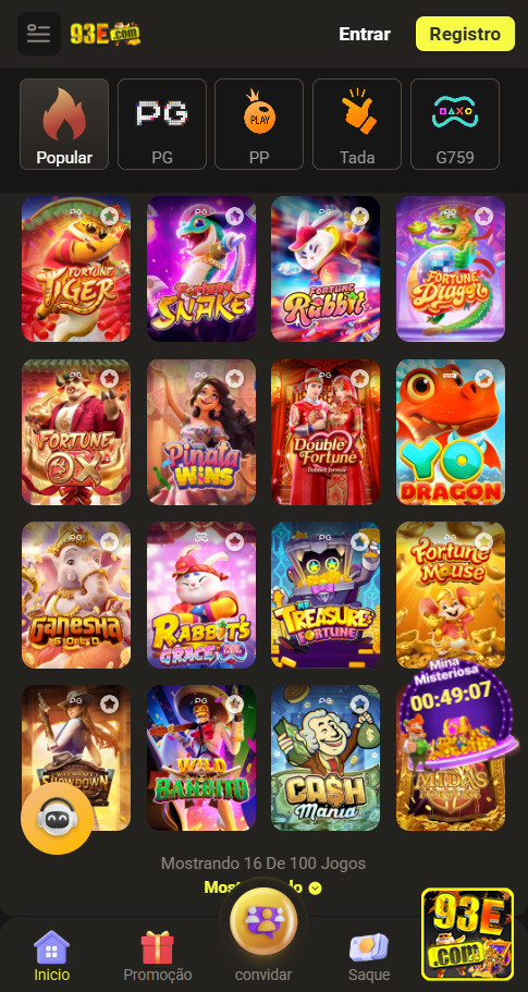 Interface móvel do aplicativo 93e.com